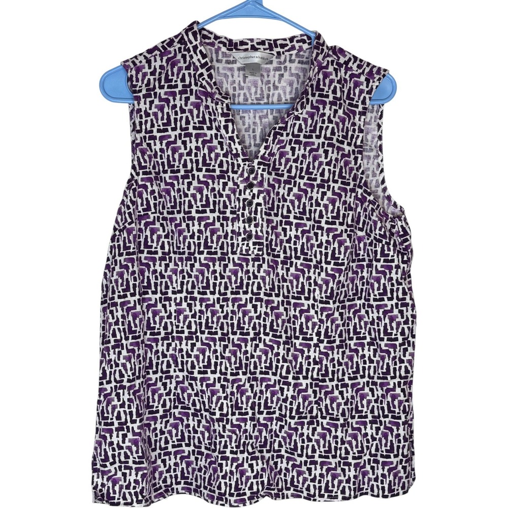 Christopher & Banks Sleeveless V-Neck‎ Button Front Geometric Print Blouse Large